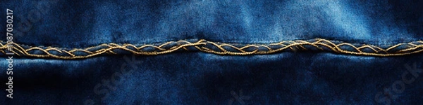 Obraz Velvety Vault: A deep blue velvet fabric, with intricate gold stitching, showcasing its lustrous texture up close.