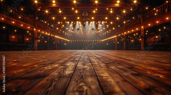 Fototapeta Empty wooden stage in a rustic saloon with warm lighting.