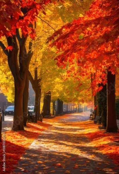Fototapeta vivid autumn leaves covering serene walkway surrounded bounty glorious fall colors, path, trees, nature, forest, landscape, vibrant, foliage, travel, park