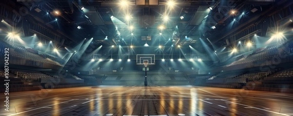 Fototapeta Empty basketball arena, stadium, sports ground with flashlights and fan sits