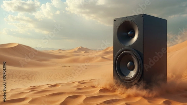 Fototapeta Large speaker column in the desert under the open sky. Concept of pure sound
