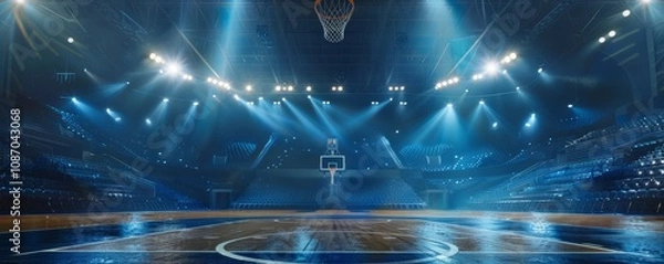 Fototapeta Empty basketball arena, stadium, sports ground with flashlights and fan sits