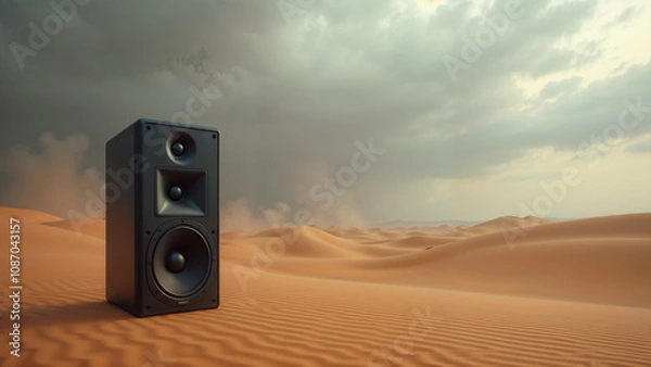 Fototapeta Large speaker column in the desert under the open sky. Concept of pure sound