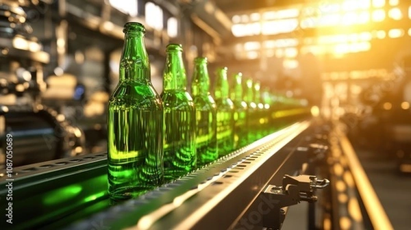Fototapeta Bottles on a Conveyor Belt at a Factory