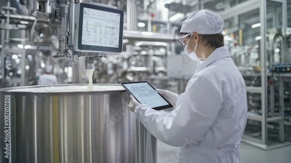Fototapeta Worker Monitoring Milk Production in Modern Factory