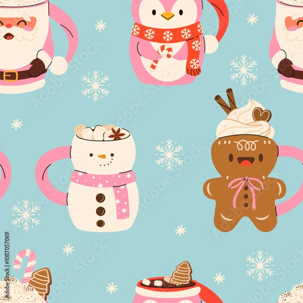 Fototapeta Seamless Christmas Pattern with various Mugs with cacao, whipped cream, marshmallow, gingerbread and candy cane. Seasonal flavored products, cards for New Year or winter holidays.