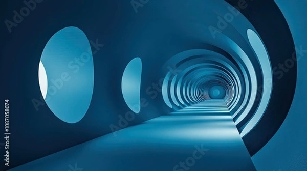 Fototapeta Abstract blue futuristic tunnel with oval windows.