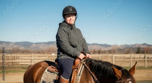 Fototapeta Joyful horseback riding in a scenic countryside setting for equine therapy and recreation