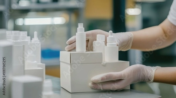 Fototapeta Packaging Products in White Bottles with Gloves