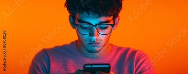 Fototapeta  A young person sitting in a dark room illuminated by a phone screen, displaying hurtful messages.