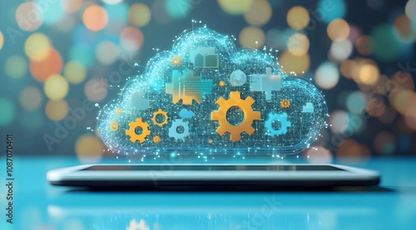 Fototapeta A digital cloud with gears emerges from a smartphone, symbolizing cloud computing and technology integration.