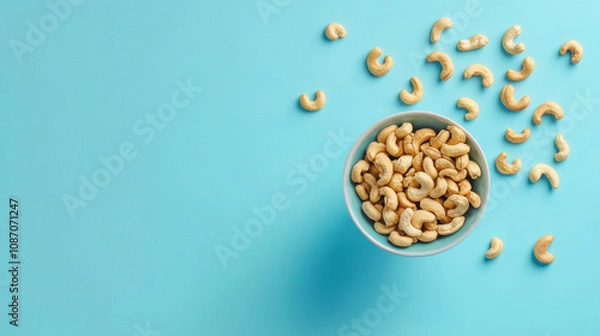 Obraz Cashew nuts in a bowl, floating, blue background, clean.