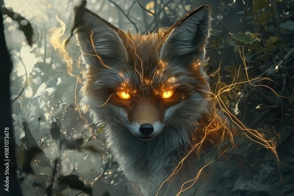 Fototapeta Enigmatic Fox with Glowing Eyes Emerging from a Mystical Forest Surrounded by Foliate and Ethereal Light Enhancements, Symbolizing Nature's Mysteries