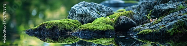 Fototapeta Mossy Rock Reflections: A rocky shore dotted with moss, reflecting the calm lake and surrounding nature.