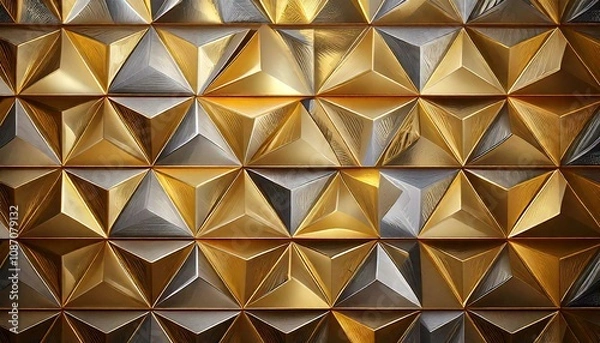 Fototapeta Motif répétitif de triangles dorés et argentés avec un effet 3D et ombrage léger pour un design de luxe