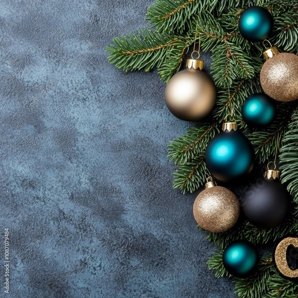 Fototapeta Festive Christmas ornaments and pine branches on a dark background.