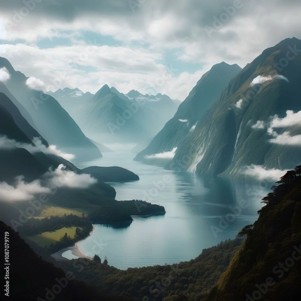 Fototapeta A scenic view of New Zealand’s fjords, with misty mountains and clear waters.