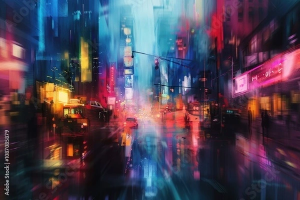 Fototapeta Blurred urban skyline at twilight with glowing neon lights in the city