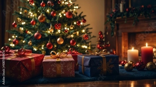 Fototapeta Festive Christmas gift box scene featuring a beautifully decorated tree with vibrant ornaments