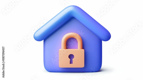 Fototapeta 3D Render of a Blue House Icon with a Padlock Inside, Representing Security and Protection