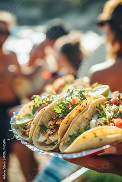 Fototapeta Crispy fish tacos with lime and cilantro served at a beach gathering