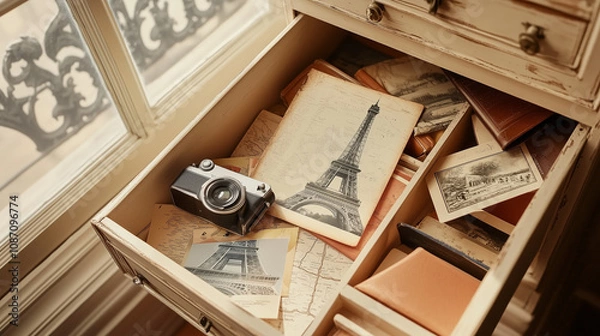 Fototapeta A drawer full of postcards and a camera with a picture of the Eiffel Tower on it