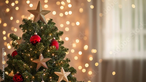 Obraz background of a fir tree and fairy lights  in soft orange colors