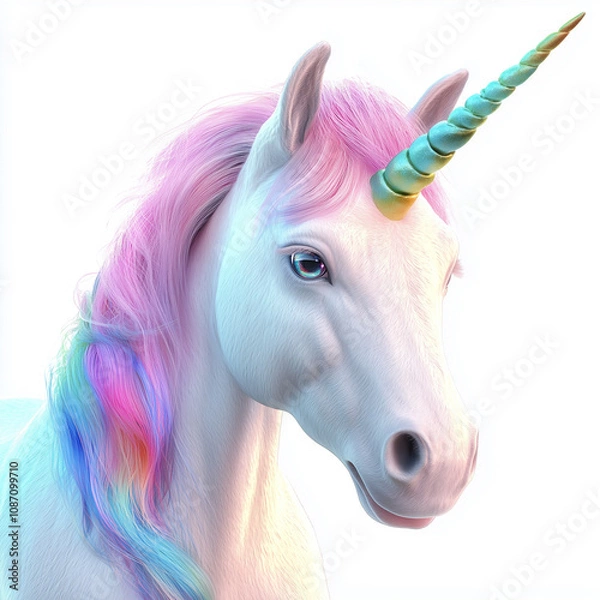 Fototapeta A whimsical unicorn with a multi-colored mane and shimmering horn, evoking magic and fantasy.