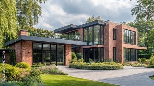 Fototapeta Modern brick house with large windows surrounded by a well-maintained garden, lush greenery, and a spacious paved driveway under bright daylight.