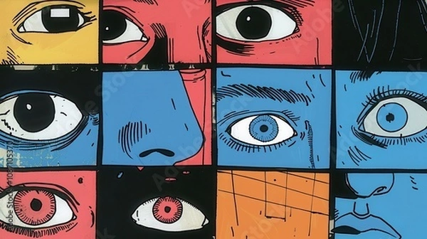 Fototapeta Creative Poster Design Featuring Multiple Artistic Eyes in Bold Colors and Unique Styles for Eye-Catching Visual Appeal and Artistic Expression