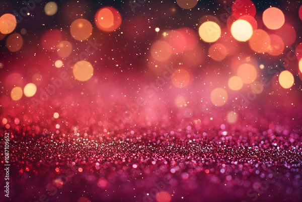 Fototapeta Abstract red color glitter background with blurred bokeh. Luxury backdrop template for new year, christmas, valentine's day party or holiday cards with space for text.