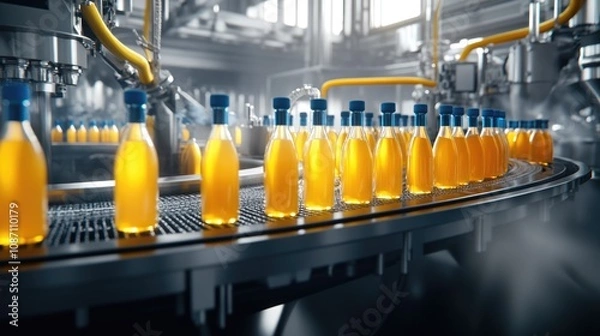 Fototapeta Bottles Moving Along Conveyor Belt in a Factory