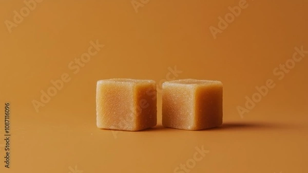 Fototapeta A plain arrangement of two jaggery cubes on a muted orange background symbolizing Lohris sweetness with simple, clean lines and minimalistic beauty