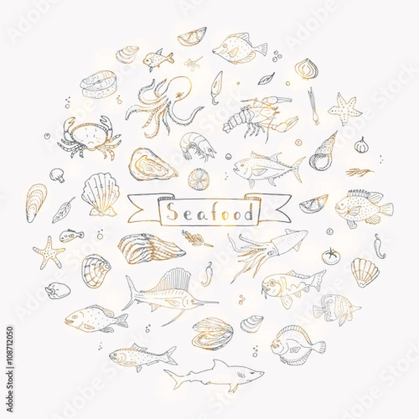 Fototapeta Hand drawn doodle Seafood icons set Vector illustration seafood symbols collection Cartoon fish Crab Seafood platter Lobster Oyster Shrimp Shellfish Shrimp on white background for your menu or design