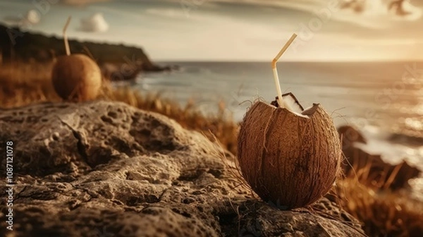 Fototapeta Young Coconuts Cracked Open on a Rocky Shore with Reusable Straws Enjoying a Serene Sunset Over the Ocean Waves and a Tranquil Beach Landscape