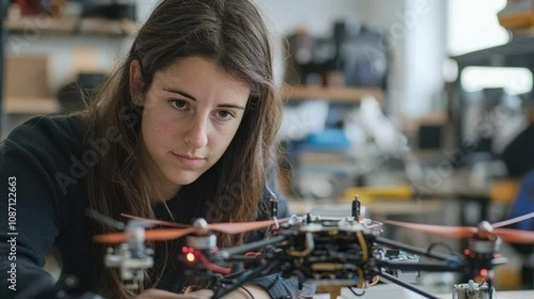Fototapeta Female engineer working on a drone prototype in high-tech workshop using tools and soldering equipment focused on intricate details robotics equipment in background emphasizing innovation and skill