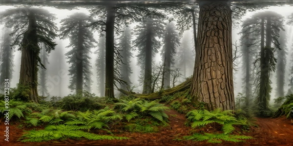 Obraz Full 360 degrees seamless spherical panorama HDRI equirectangular projection of A misty forest cloaked in ethereal fog. Texture environment map for lighting and reflection source rendering 3d scenes.