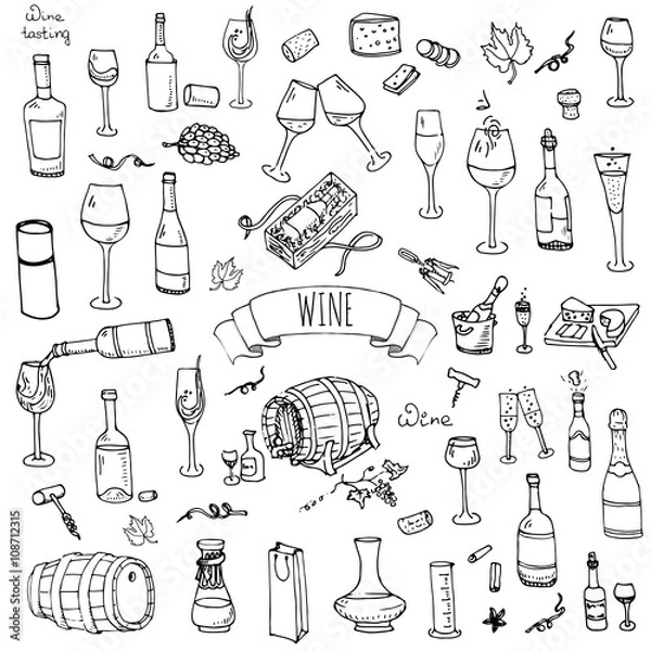 Obraz Ręcznie rysowane ikony zestaw wina Ilustracja wektorowa Kolekcja elementów szkicowych degustacji wina Obiekty wina Cartoon symbole wina Tło winnicy Tło wektor wina Ilustracja winnicy Winogron Kieliszek do wina