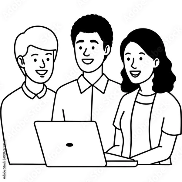 Obraz miling colleagues cooperate on laptop