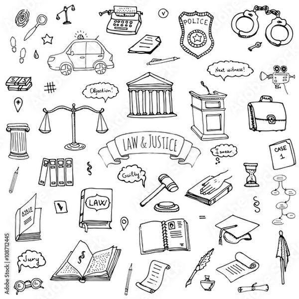 Obraz Ręcznie narysowane ikony prawa doodle i sprawiedliwość Ustaw wektor ilustracja prawo szkicowe symbole Kolekcja Kreskówka Elementy koncepcyjne odpowiednie do informacji, strony internetowe i media drukowane. Czarno -białe ikony