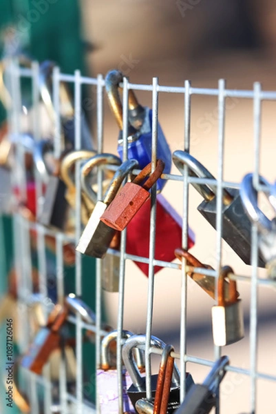Fototapeta Love locks symbolizing eternal devotion hang on a metal fence. Colorful locks are attached to the metal fence. Couples in love have affixed locks in plain sight. Public declarations of commitment.