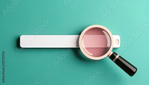 Fototapeta Minimalist search engine concept. Magnifying glass on a teal background, emphasizing focus and search.