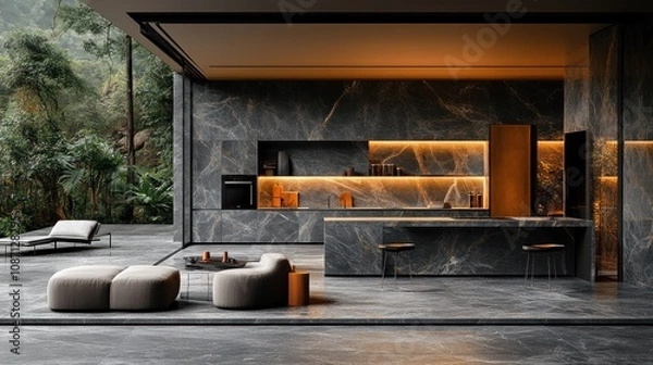 Fototapeta Modern kitchen with sleek design and natural surroundings.