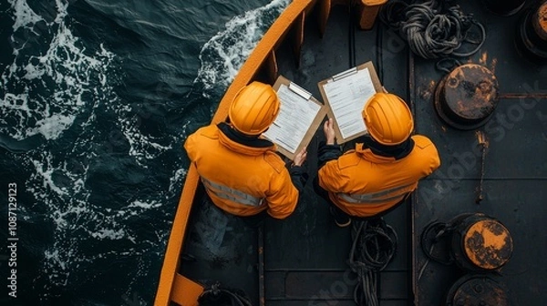 Fototapeta Cargo Ship Inspections, engineers examining vessel integrity, emphasizing safety protocols, operational efficiency, and available advertising space