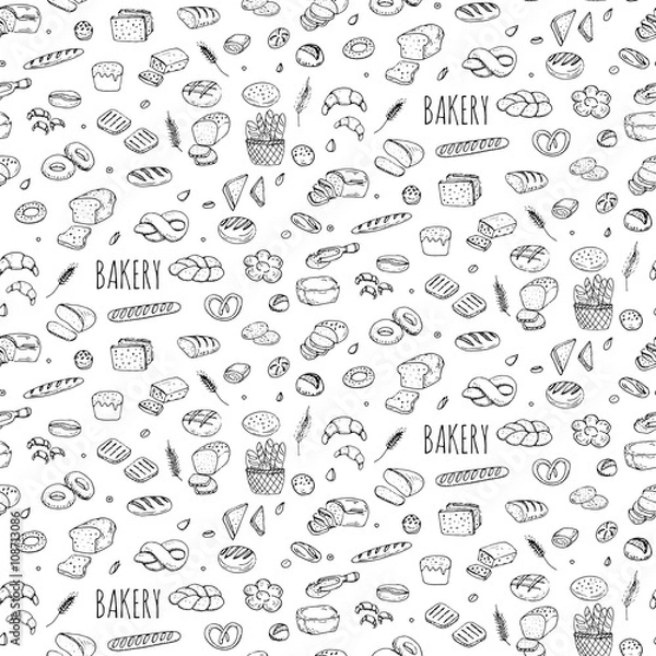 Obraz Bezszwowe tło ręcznie rysowane doodle Zestaw piekarniczy Kolekcja ikon piekarni kreskówka Chleb żytni Ciabatta Chleb pełnoziarnisty Bajgiel Krojony koralik Francuska bagietka Rogalik Ilustracja wektorowa Chleb szkicowy Piekarnia