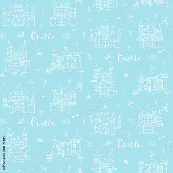 Fototapeta Seamless background of set of hand drawn cartoon fairy tale castle icons, castle doodle vector sketch with set of fairytale, game icons - crossbow, arrow, knight helmet, flag,  crown