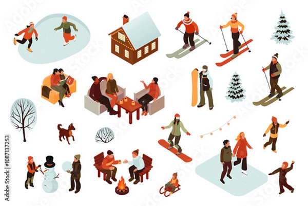Fototapeta Set of isometric vector illustrations of people engaged in fun winter activities such as sledding, ice skating, building snowmen, and having snowball fights.