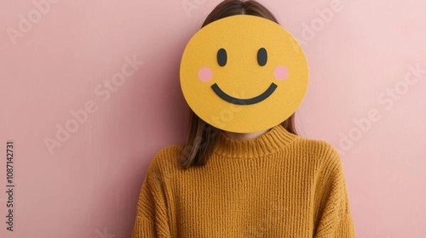 Fototapeta A smiling figure with a yellow smiley face covers their head, standing against a soft pink wall while wearing a cozy, knitted sweater.