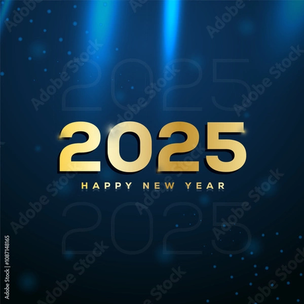 Fototapeta 2025, Happy new year 2025 with text gold effect celebration with eye catching blue gradient background