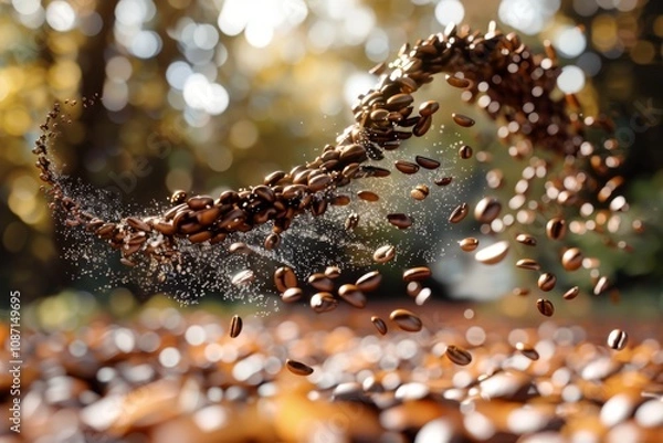 Fototapeta Captivating Visual of Coffee Beans Rising in Mid-Air, Creating a Dynamic Wave of Flavor and Aroma Against a Beautiful Background of Nature